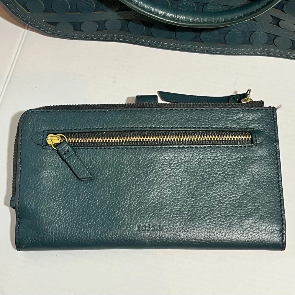 Fossil Green Ryder Satchel Crossbody Signature Jacquard style Leather Bag Wallet - Picture 9 of 14